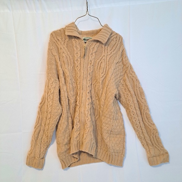 Aran Crafts Sweaters - Aran Crafts Women’s Tan 100% Merino Wool Zip Up Cable Knit Sweater Jacket Size M